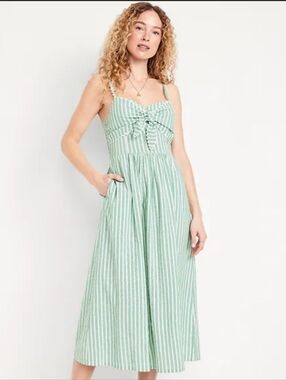 NWT Old Navy Mint Striped Tie-Front Seersucker Sweetheart Midi Dress M Petite